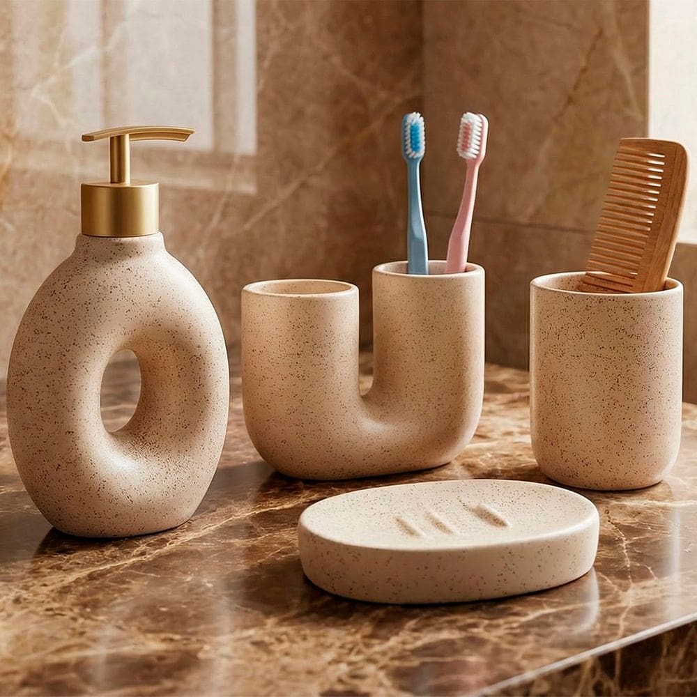 Jogo De Banheiro Lavabo Acessórios Elegante Areia Kit 4pçs