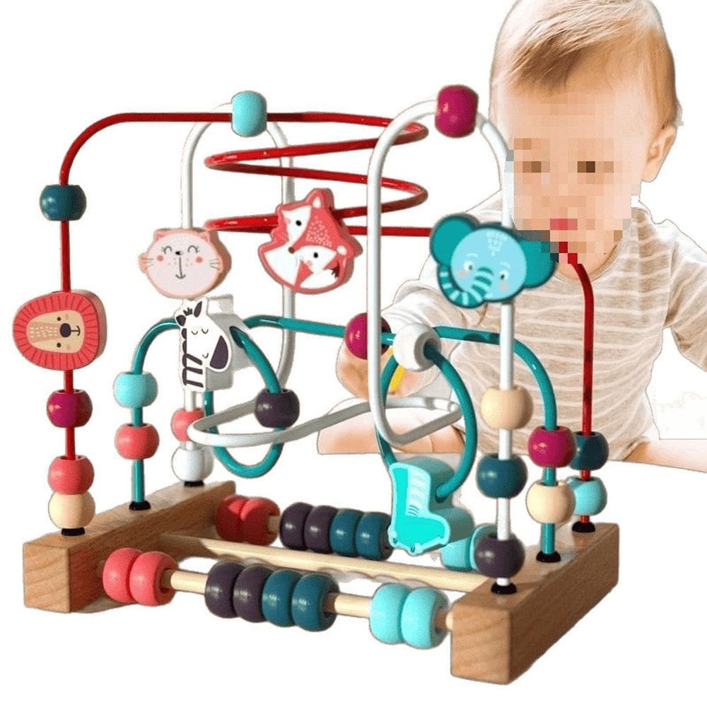 Quebra-cabeça de animais de madeira Bead Stringing Toy para bebês