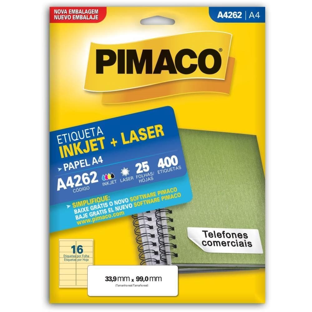 Etiqueta Inkjet Laser A4 A4262 25 Folhas 33.9 x 99mm Pimaco