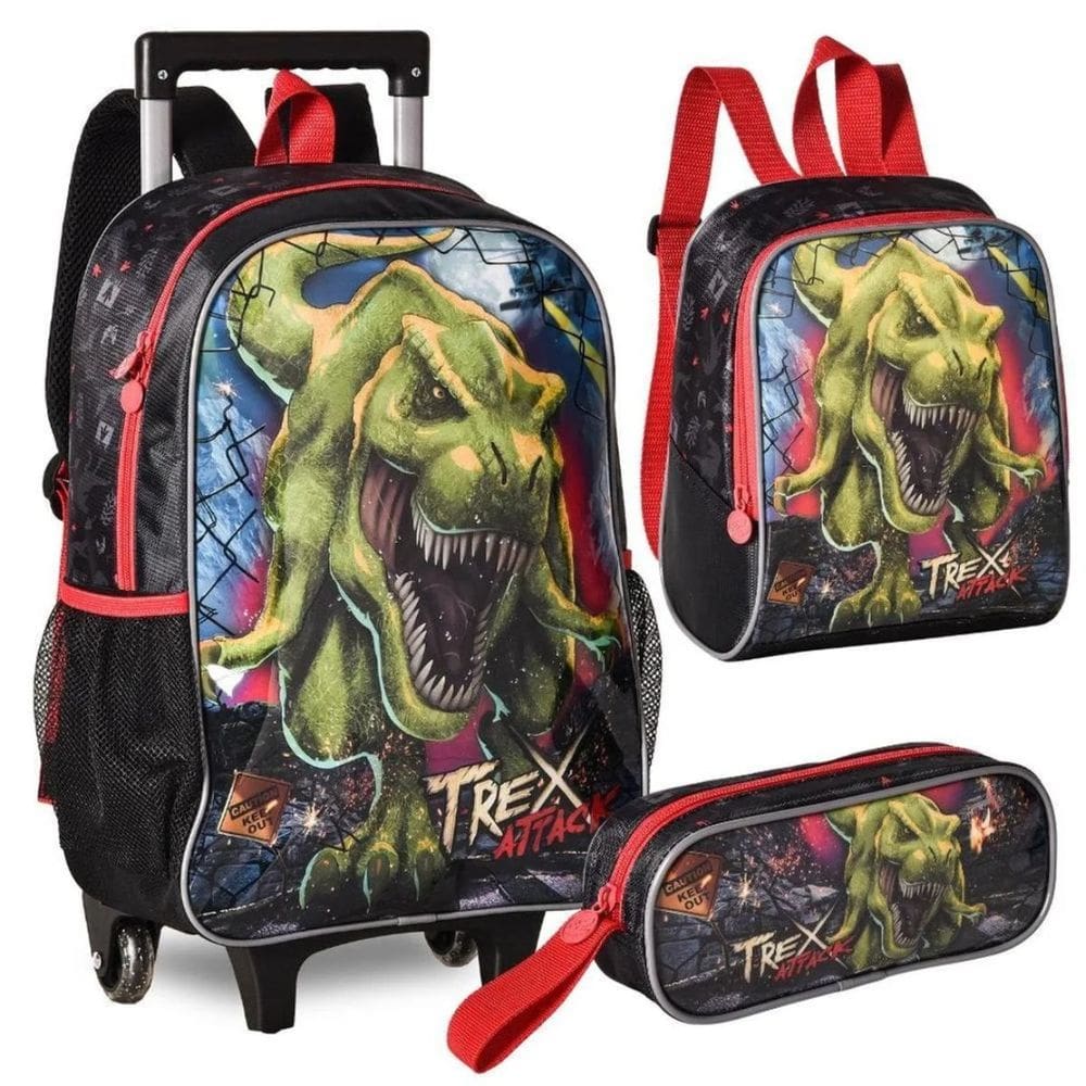 Kit Escolar TRex para Meninos Mochila Alça de Costas + Lancheira + Estojo Reforçada Resistente 17` - TRex Attack