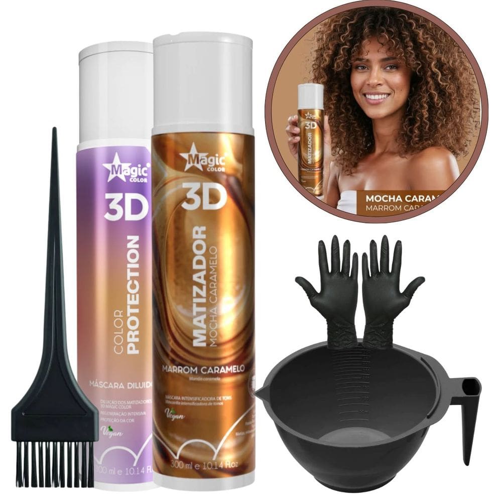 Kit Matizador Mocha Caramelo 300ml + Mascara Diluidora 300ml Magic Color + Cumbuca + pincel + luvas