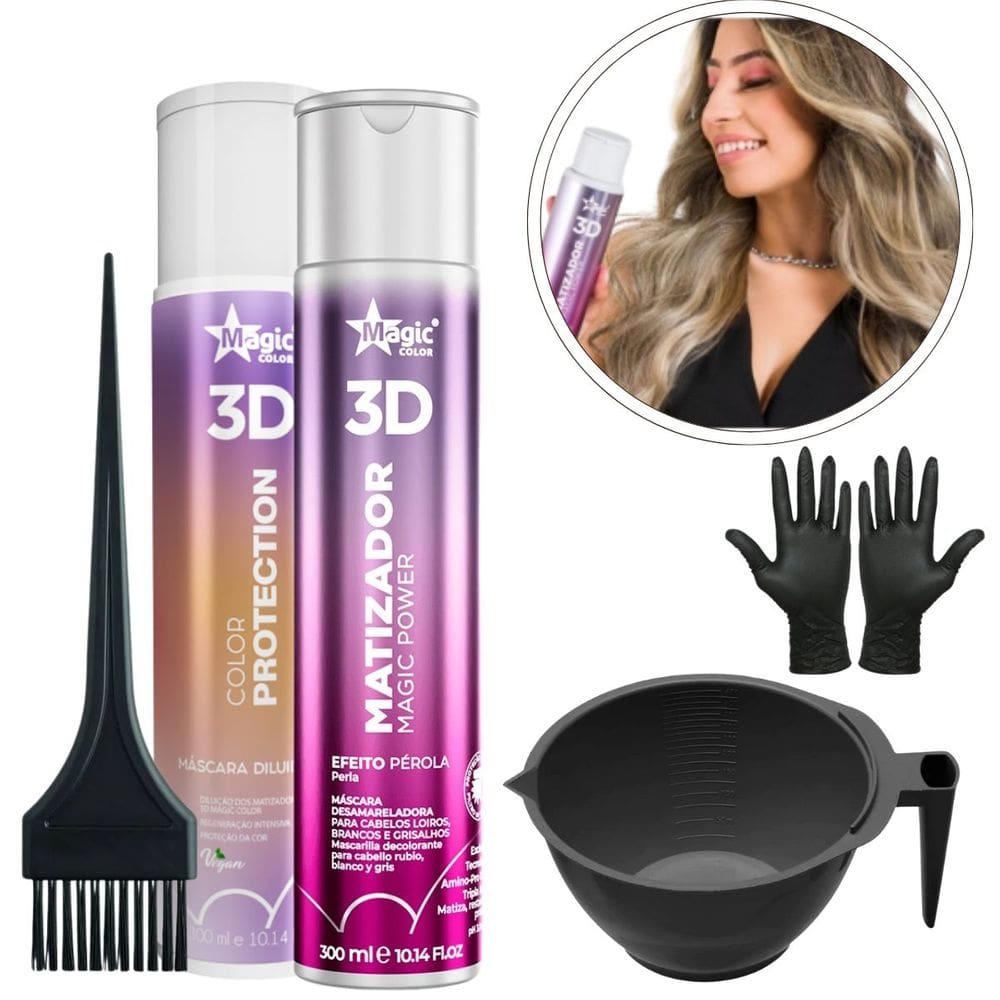Kit Matizador Magic Power 300ml + Mascara Diluidora 300ml Magic Color + Cumbuca + pincel + luvas