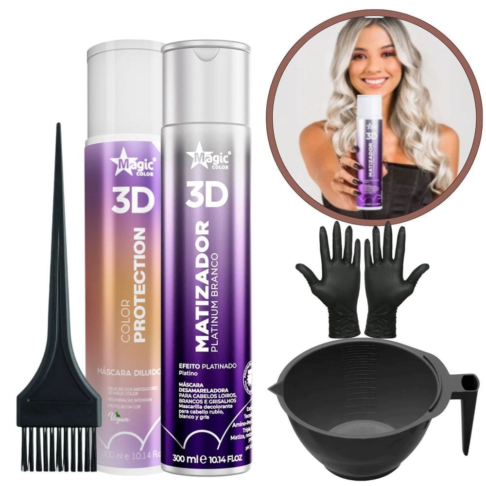 Kit Matizador Platinium Branco 300ml + Mascara Diluidora 300ml Magic Color + Cumbuca + pincel + luvas