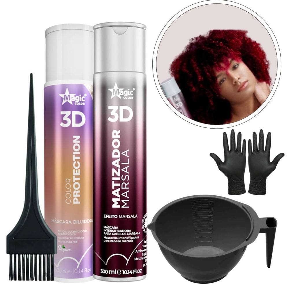 Kit Matizador Marsala 300ml + Mascara Diluidora 300ml Magic Color + Cumbuca + pincel + luvas