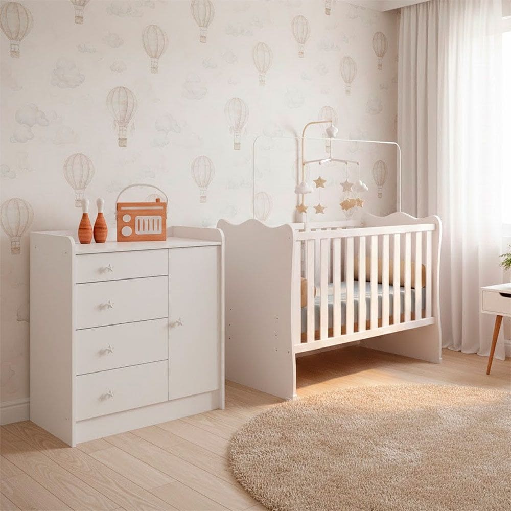 Quarto de Bebe Infantil Doce Sonho Berco e Comoda Trocador 4 Gavetas Qmovi