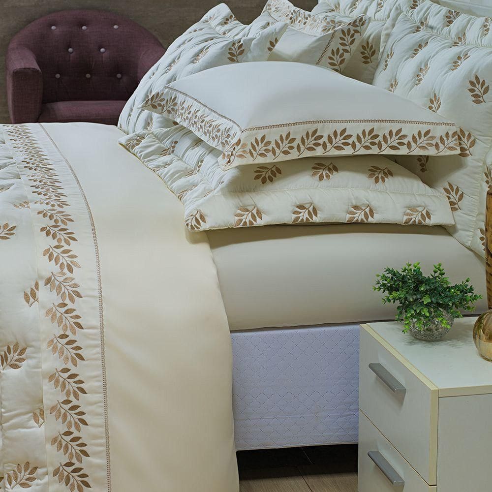 Jogo Cama Lençol Garland Casal Bordado 100% Algodão Acetinado 400 Fios 4 Peças - Palha E Fendi