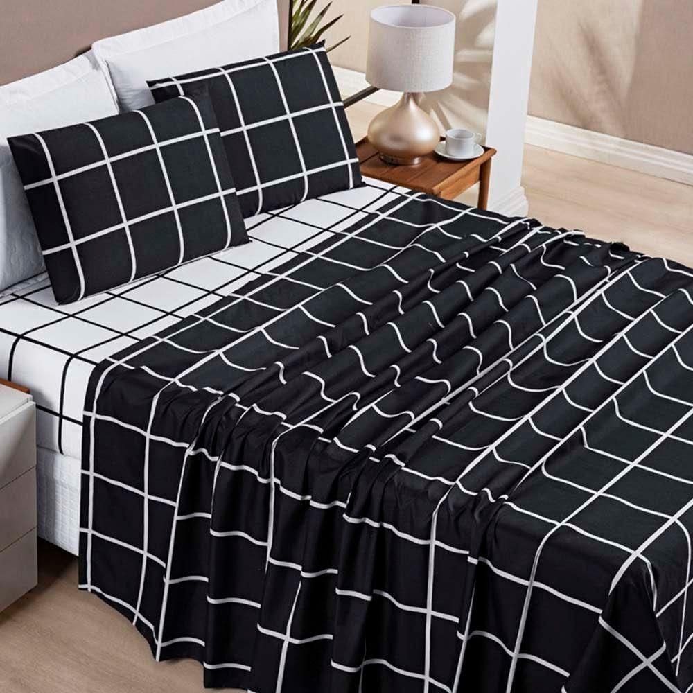 Jogo De Lençol Minimalista King 4 Peças Percal 200 Fios Quadriculado - Preto - 100% Poliéster