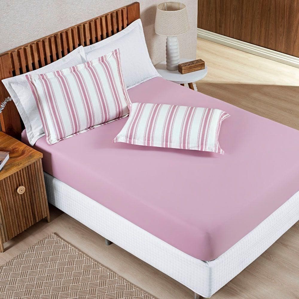 Jogo Cama Lençol Daily Solteiro Malha 100% Algodão Listrado 2 Peças - Rosê