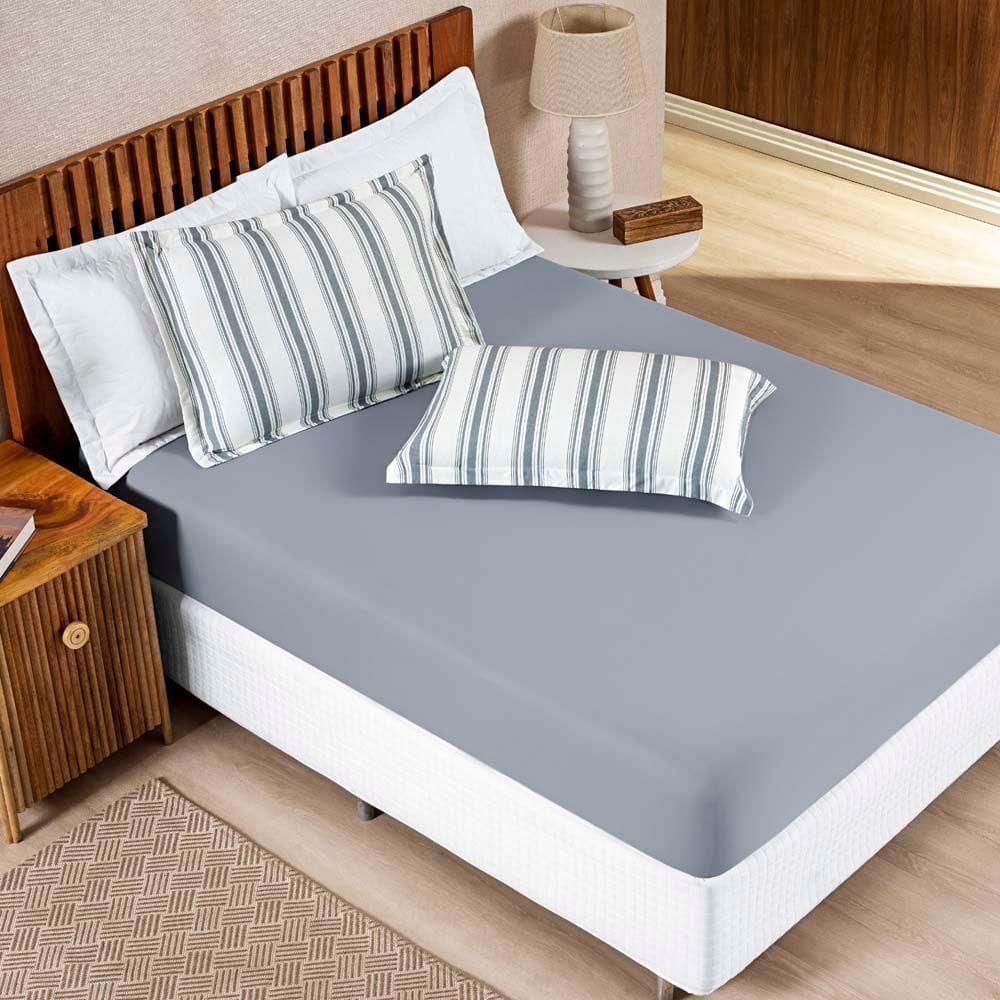 Jogo Cama Lençol Daily King Malha 100% Algodão Listrado 3 Peças - Cinza