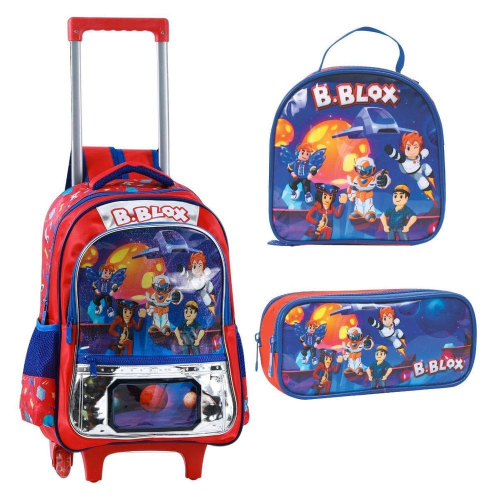 Kit Mochila Rodinha Lancheira Estojo Infantil Roblox B-Blox