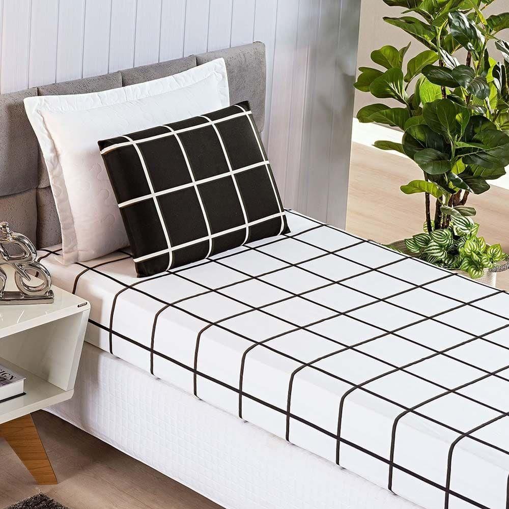 Jogo De Lençol Minimalista Solteiro 2 Peças Percal 200 Fios Quadriculado - Preto - 100% Poliéster