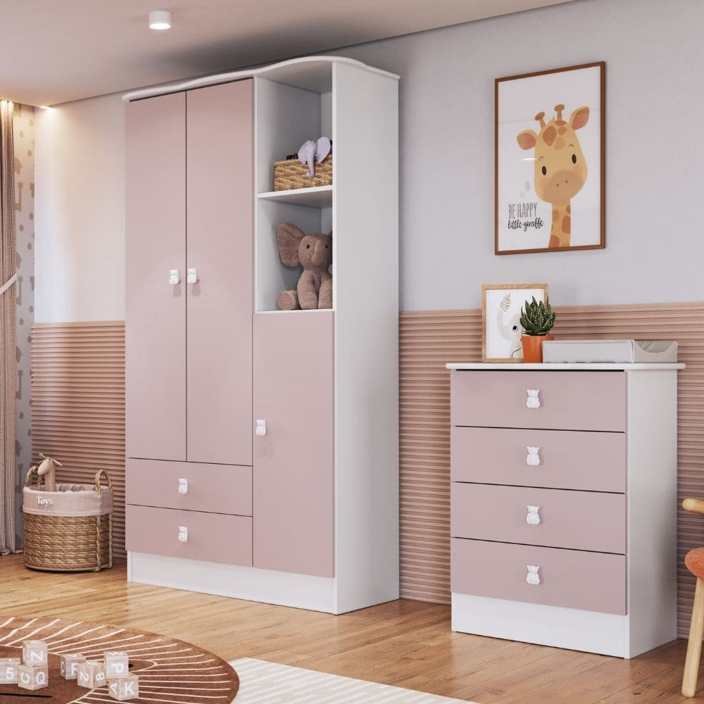 Quarto de Bebe Comoda 4 Gavetas e Guarda Roupa 3 Portas Tedy