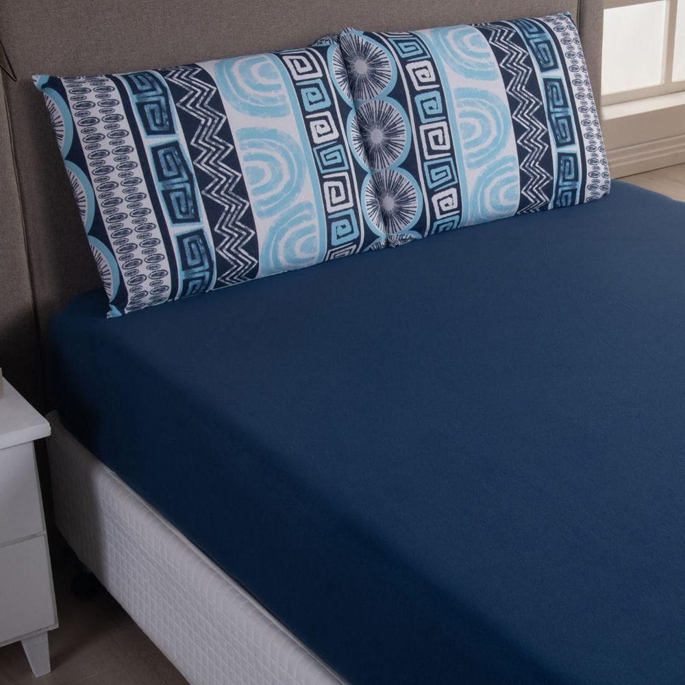 Jogo Cama Lençol Sonnet Casal Padrão Malha Estampada 100% Algodão 2 Peças-Geométrico - Azul Marinho