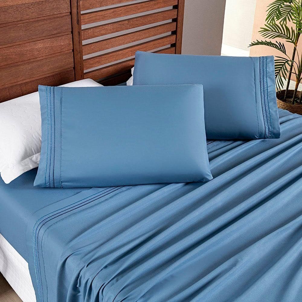 Jogo Cama Lençol Honore Queen Micro Percal 200 Fios C/ Detalhes Bordados 4 Peças - Azul Ice Blue