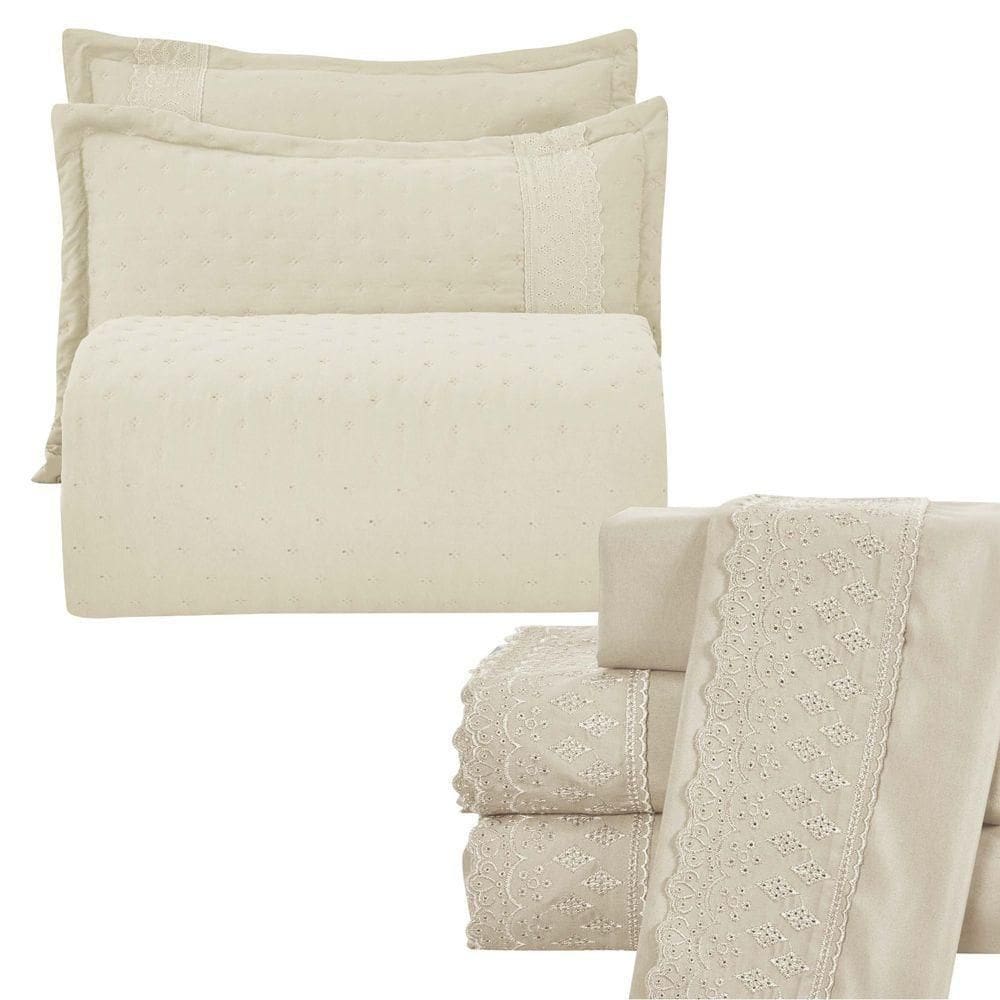 Kit Coordenado Grécia Cobre Leito + Jogo De Cama Queen Bordado Inglês 300 Fios - 7 Peças - Bege