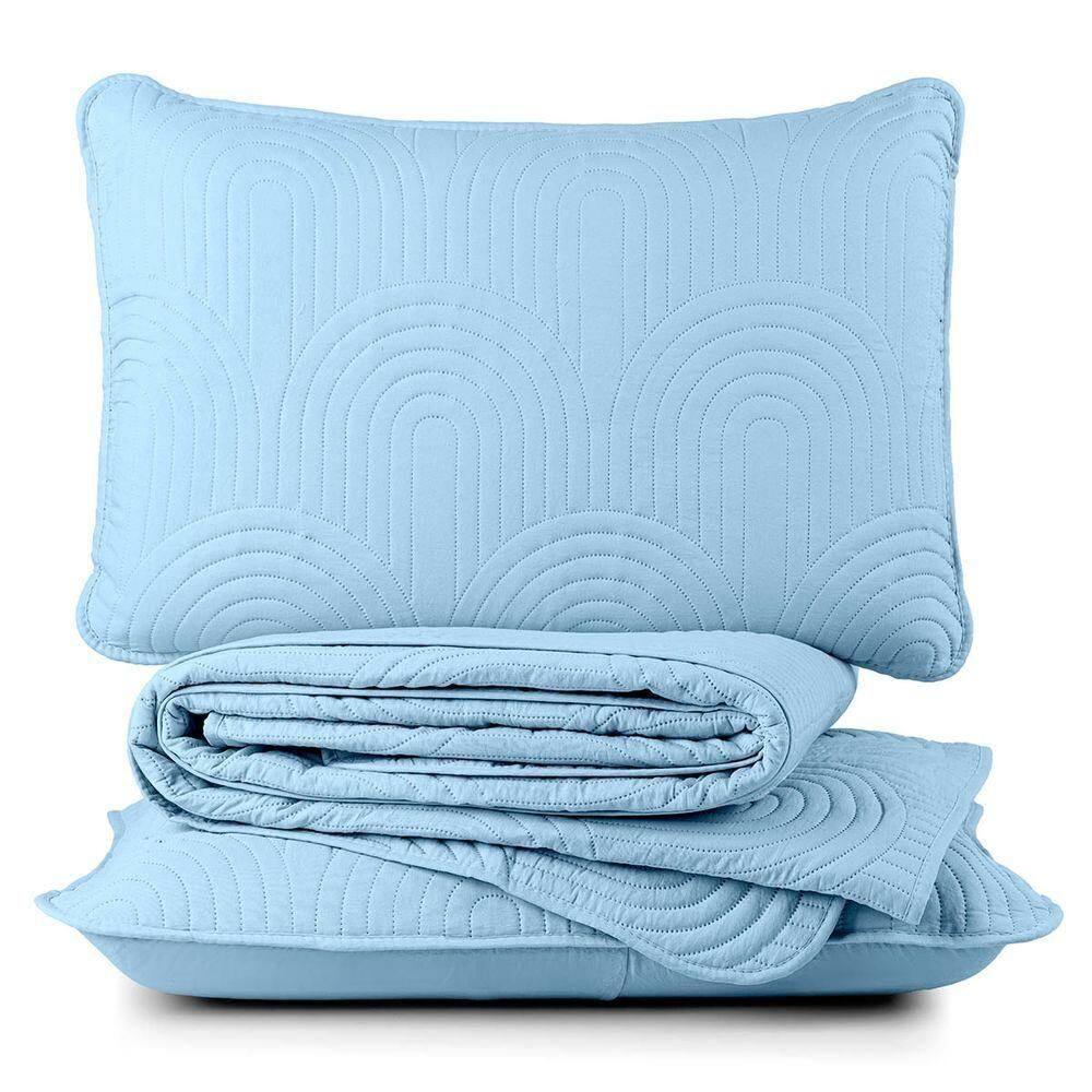 Kit Cobre Leito Colcha Arcos Casal Padrão Dupla Face Matelado 200 Fios 3 Peças Azul Claro