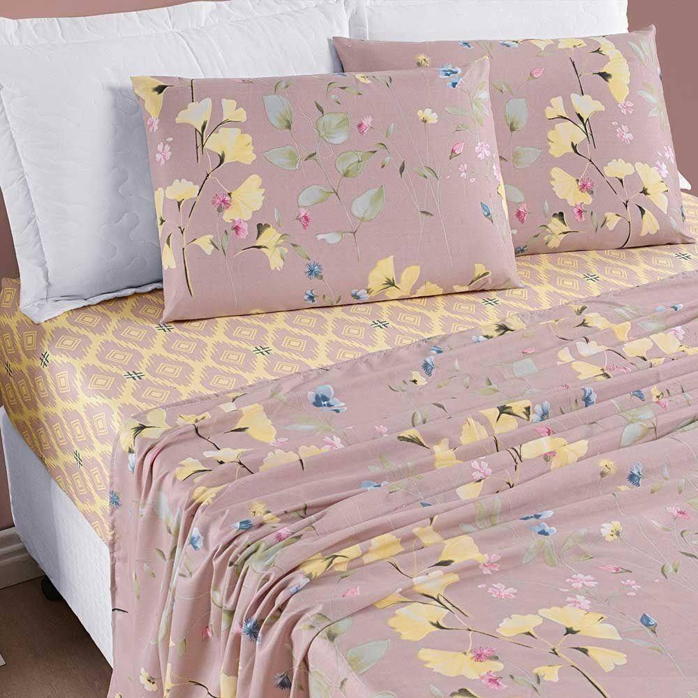 Jogo De Cama Lençol Dallas Solteiro Microfibra 3 Peças - Rosê Lavanda Floral
