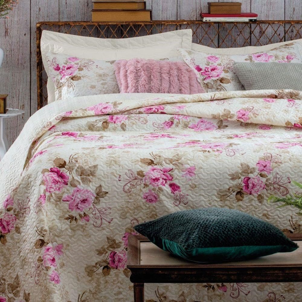 Kit Cobre Leito Colcha Mix King Estampado Dupla Face Floral 3 Peças - Diana