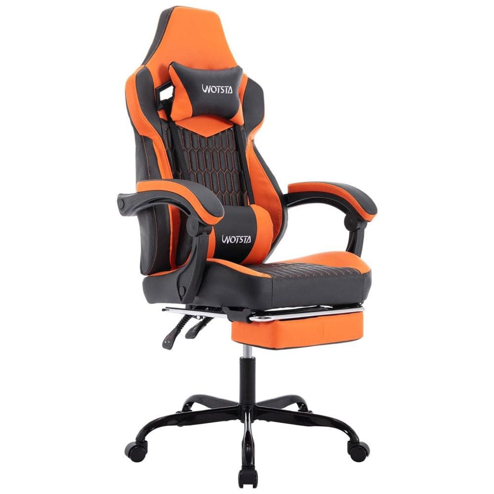 Cadeira Gamer Reclinável e Giratória com Apoio para os Pés e Cabeça, WOTSTA , Preta e Laranja