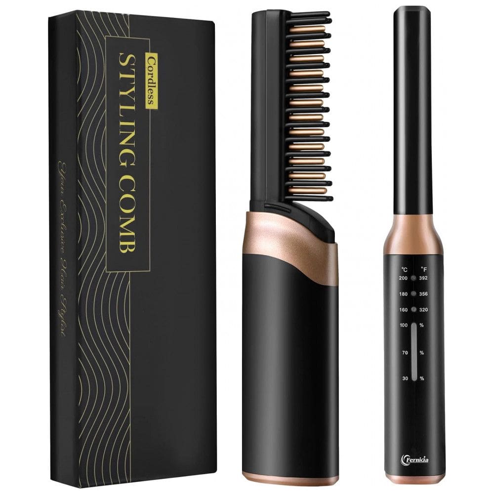 Mini Escova Alisadora Portátil Recarregável e Aquece em 15s, Bivolt, FERNIDA, Preto