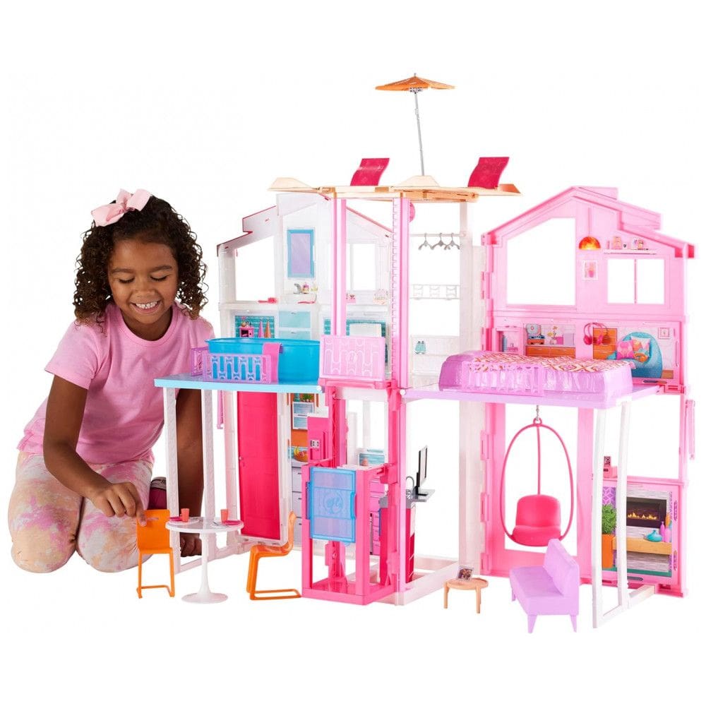 Casa de Bonecas com 19 Acessórios e Guarda Chuva Pop UP para Crianças a partir de 3 anos, BARBIE DLY32, Rosa