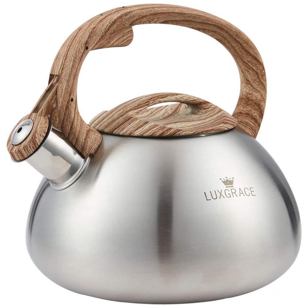 Chaleira LUXGRACE Prata Com Apito 2,08L Aço Inox Alça Madeira Sintética Para Fogão Indução Gás Elétrica