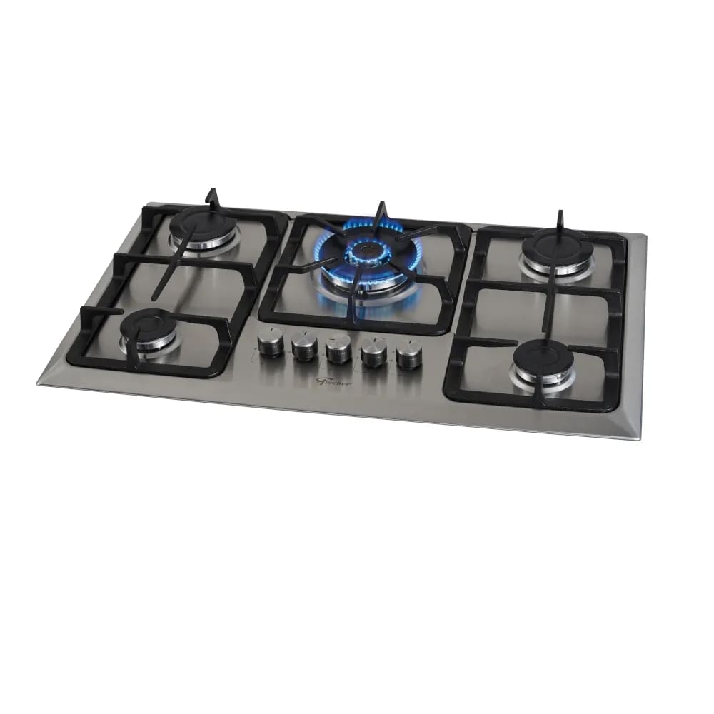 Cooktop à Gás Fischer 5 Bocas Tripla Chama Grade Ferro Fundido Mesa Inox Escovado Bivolt