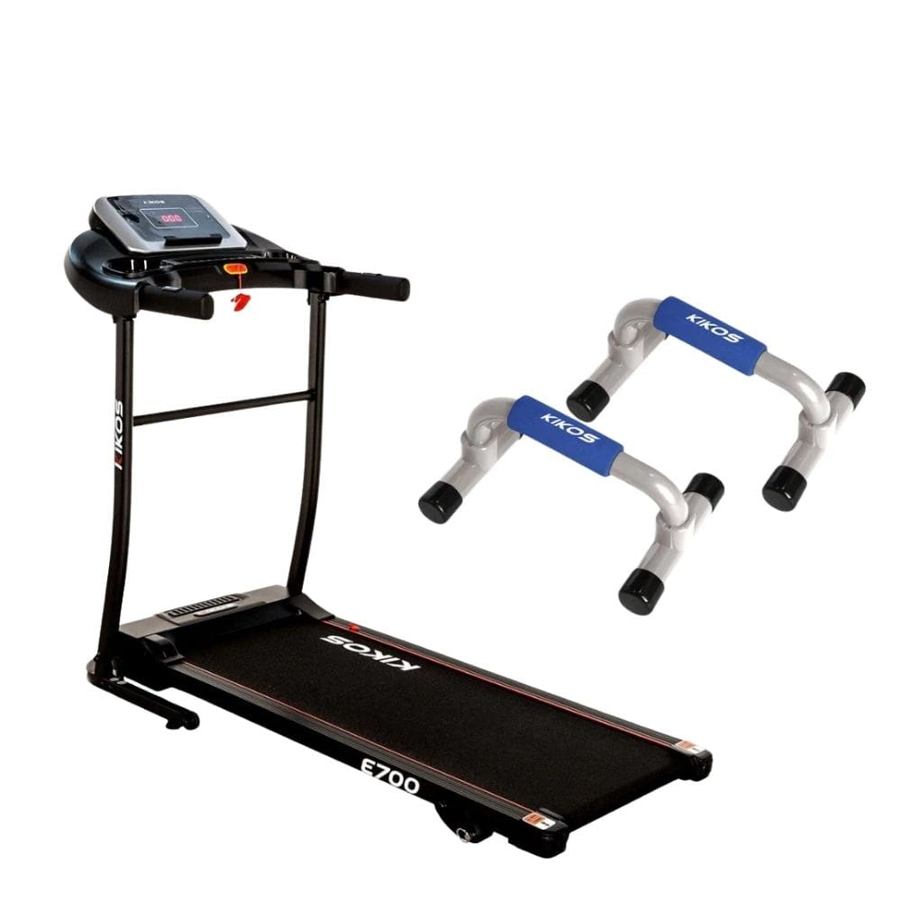 Kit Fitness Premium Kikos Esteira E700C 2.0HP Dobrável + Apoio de Flexão Cardio e Força Residencial