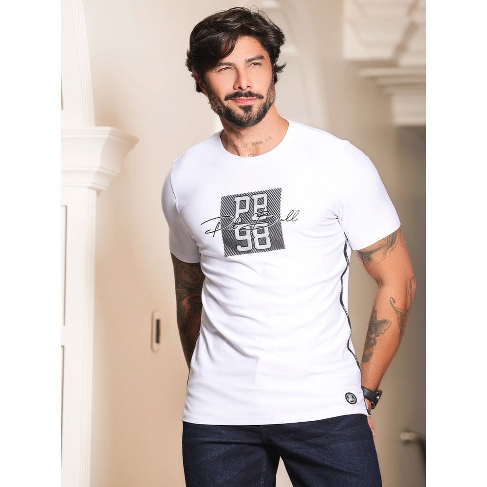 Camiseta Branca Masculina Gola O Estampa Prata Pit Bull 87973
