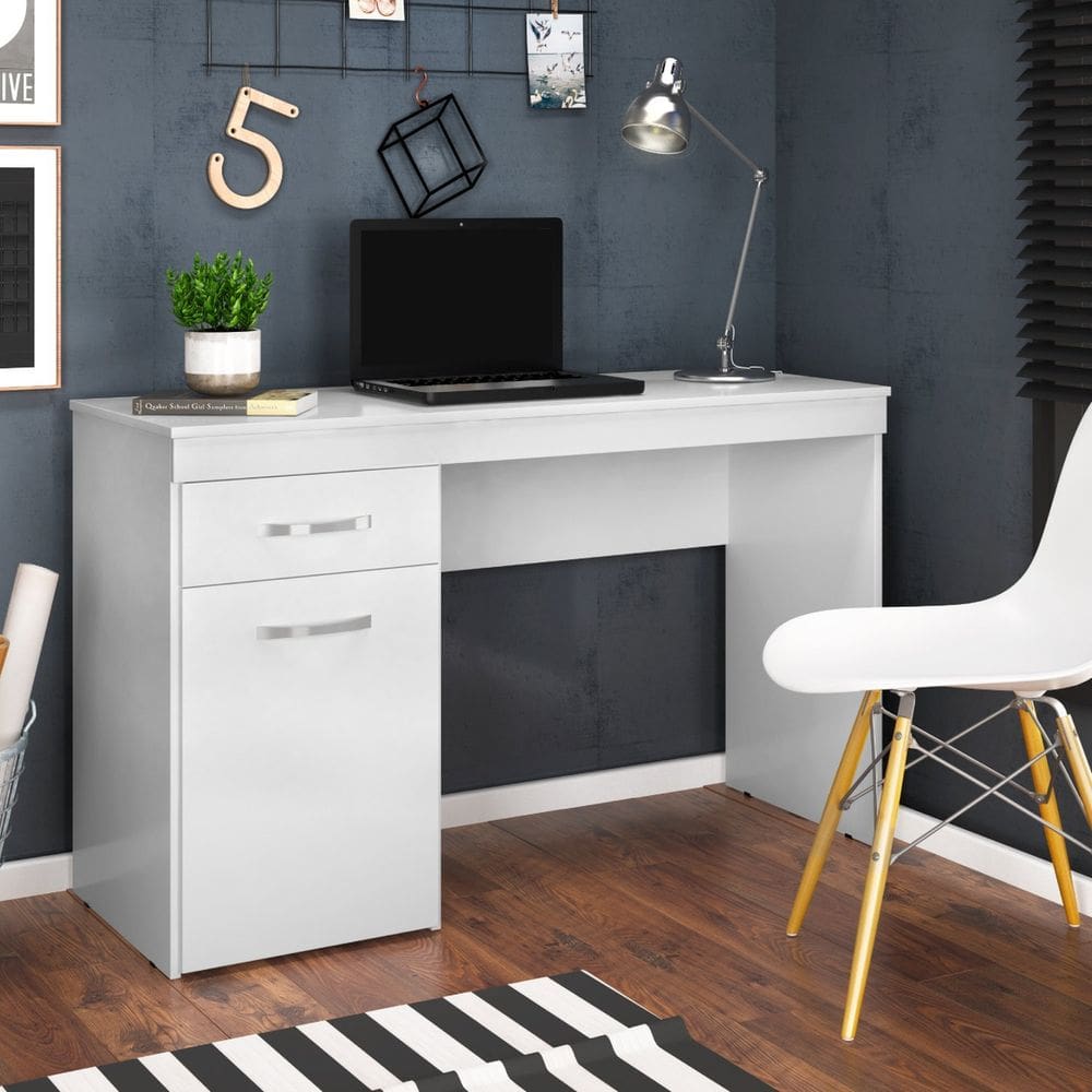 Escrivaninha Mesa Escritório 120cm 1 Porta 1 Gaveta Vitória Branco