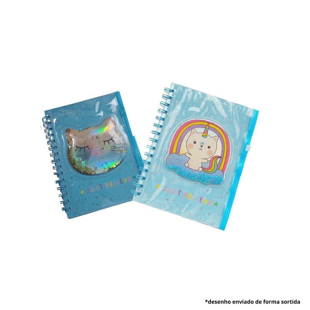 Caderno Diário Azul Unicórnio / Gatinho Com Bolsinha Fofo