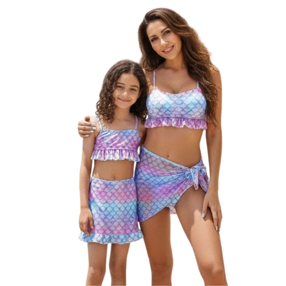 Biquíni Mãe e Filha Escamas Lilás Azul com Babados Meninas