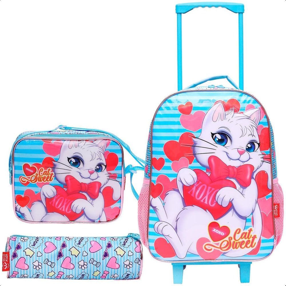 Kit Mochila De Rodinha Menina Estojo Lancheira Gata - Azul