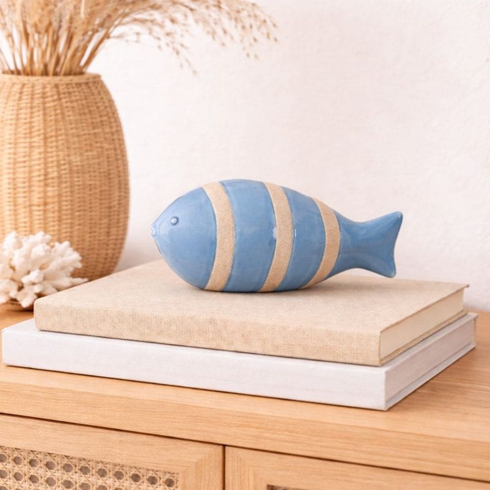 Escultura Decorativa Cerâmica Peixe (azul/bege) 9X19X9cm