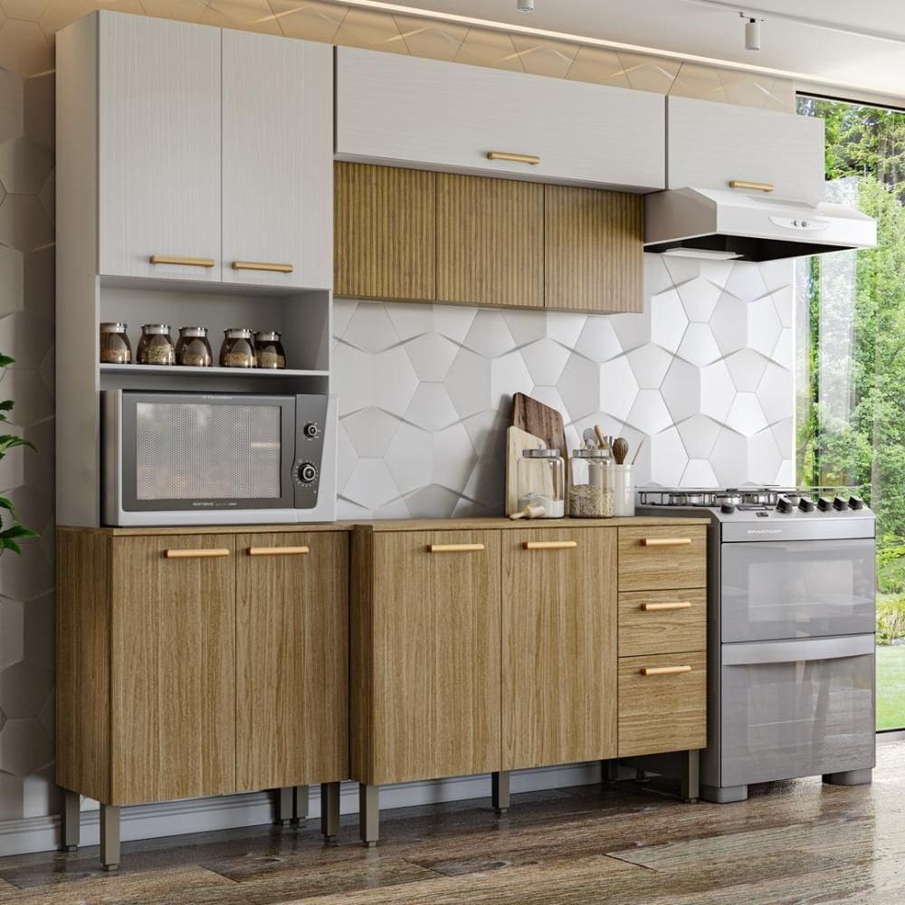 Armário De Cozinha Completa Com Balcão Com Tampo 12 Portas Urbano - Freijó-supremo-com Ripado