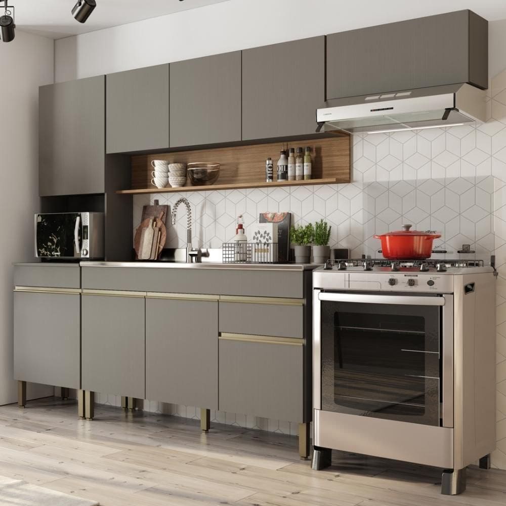 Armário De Cozinha Completa 150 Com Balcão Para Pia 9 Portas Madrid - Freijó-gris