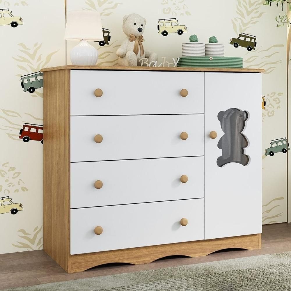 Cômoda Infantil 95cm 1 Porta Com Vidro E 4 Gavetas Doçura Multimóveis Mp4494 Madeirado/branco Madeirado/branco