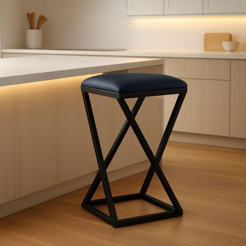 Banqueta Z 80 Cm Banco Cozinha Corino Bistrô Ferro Balcão Cor:azul Marinho