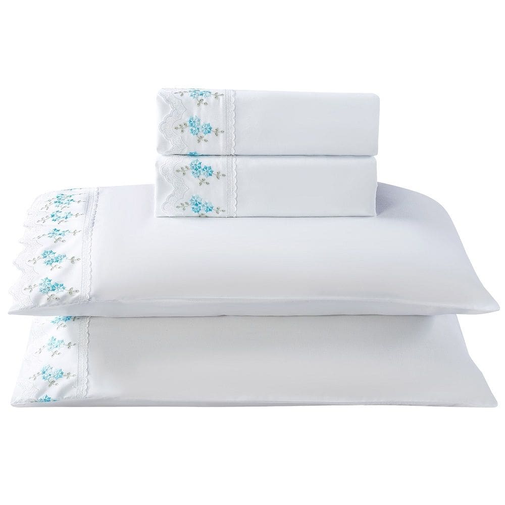 Jogo Lençol Casal Floral Bordado 4pç 100% Poliéster - Azu