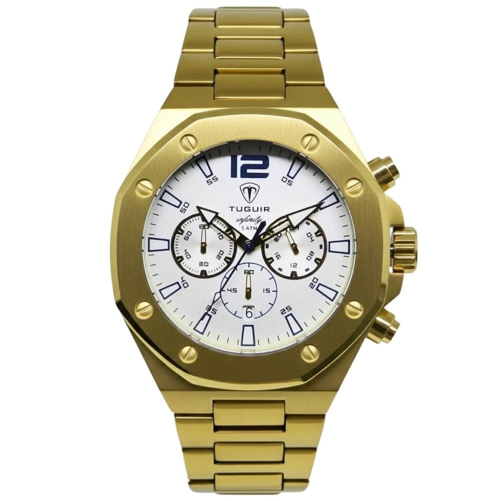 Relógio Cronógrafo Masculino de Aço Tuguir Analógico Infinity GCS-1271 Dourado e Branco