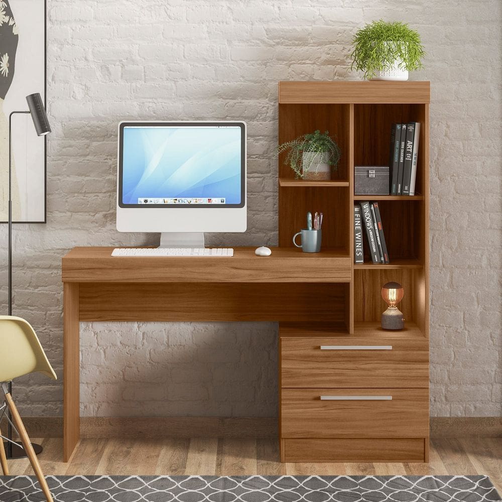 Escrivaninha Mesa Escritório com Estante 2 Gavetas Office Nt 2010 Freijó Trend