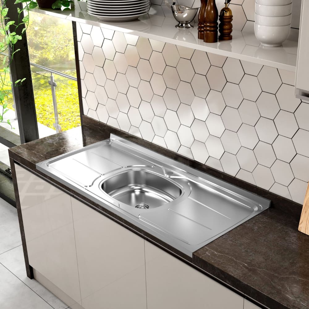 Pia de Cozinha em Aço Inox de 120cmx53cm Deslocada para Esquerda Concretada Lisa sem Válvula Bali Inox