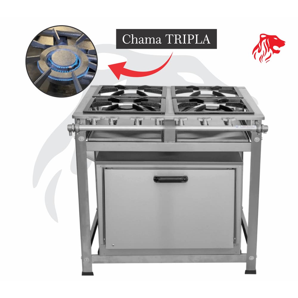 Fogão Industrial 4 Bocas Inox CHAMA TRIPLA(2) c/ Forno Leona