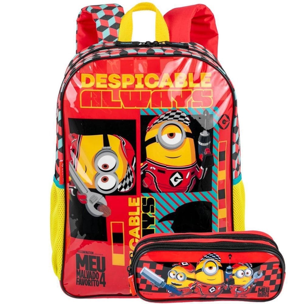 Kit Mochila De Costas Minions Estojo Duplo Escolar Passeio
