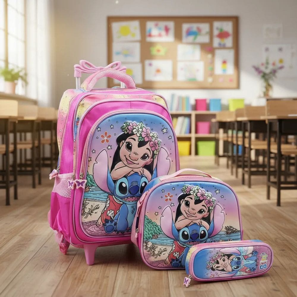 Kit Mochila Impermeável Rodinha + lancheira térmica + estojo - Lillo Stitch 3D