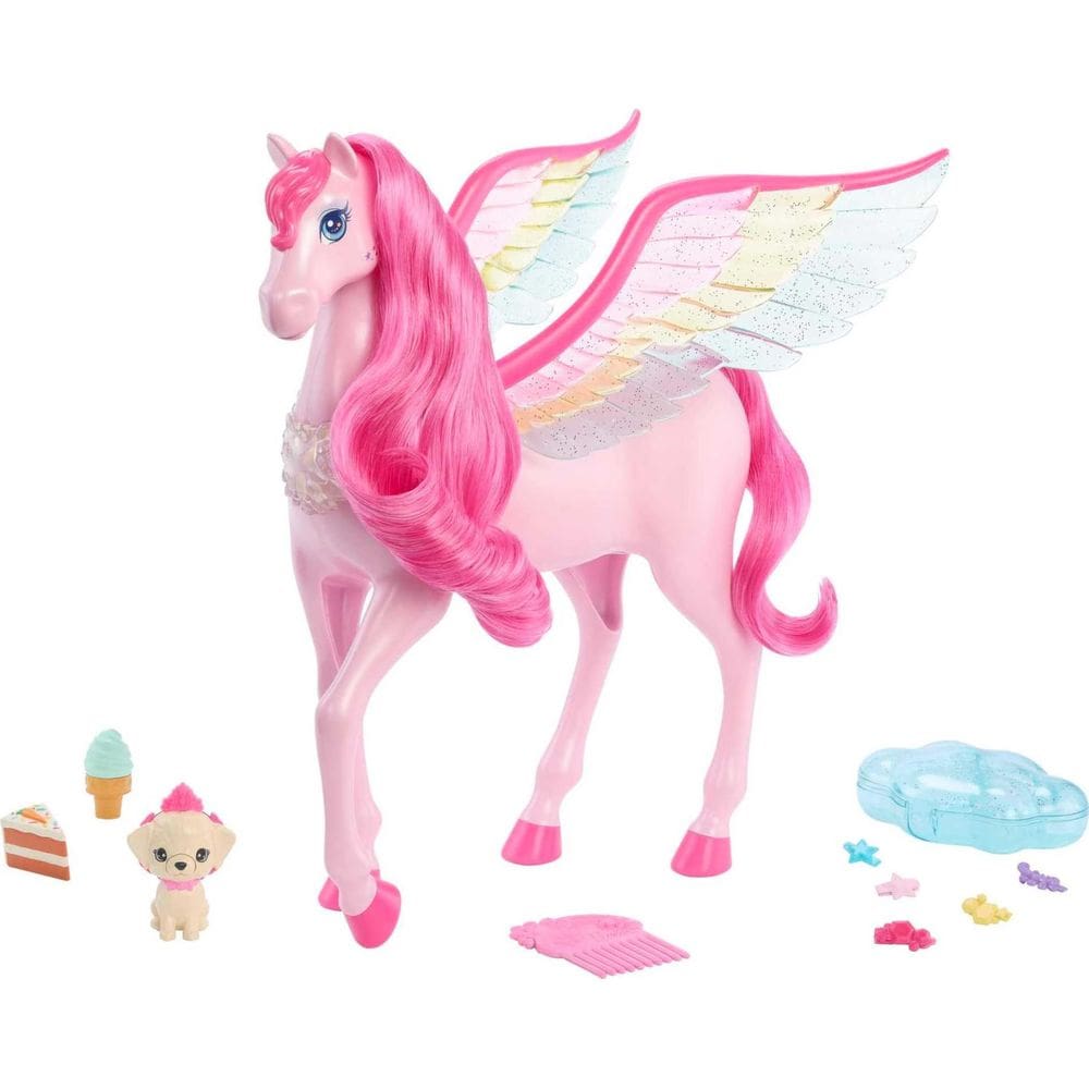 Boneca Barbie de brinquedo Pegasus Pegasus Pink Winged Horse com 10 acessórios