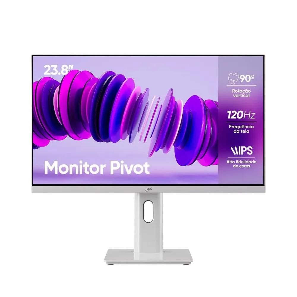 Monitor 23,8” GET GT Full HD IPS Branco, 120Hz, com ajuste de altura e rotação, ergonomia e um visual moderno para qualquer setup GET