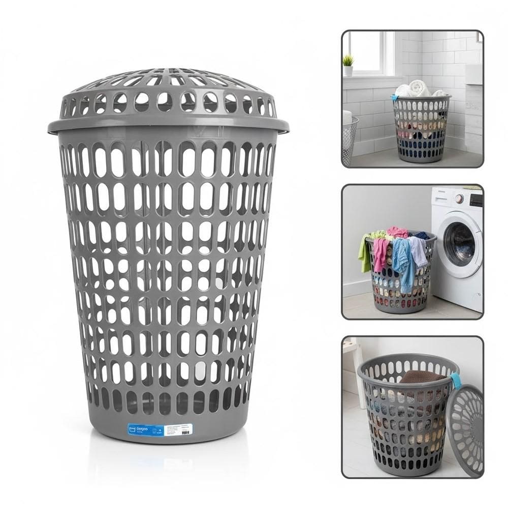 Cesto Roupa Suja Telado Gigante 60 Litros Organizador Multiuso Roupas Lixo Roupeiro Com Tampa 60L Reforcado Cinza