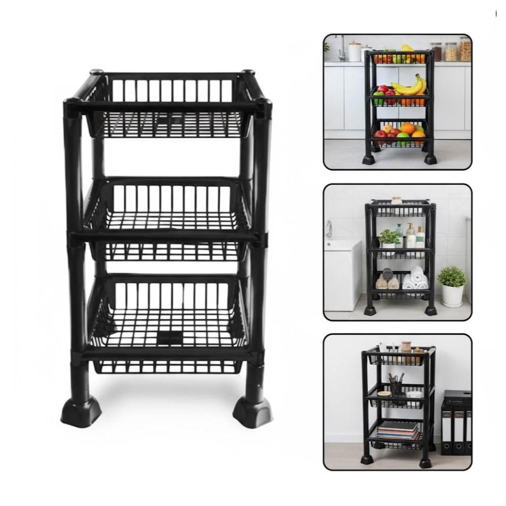 Estante Orgnizadora 3 Prateleiras Fruteira Chao Cozinha Cesto Mesa Empilhavel 3 Andares Multiuso Casa Frutas Porta Treco