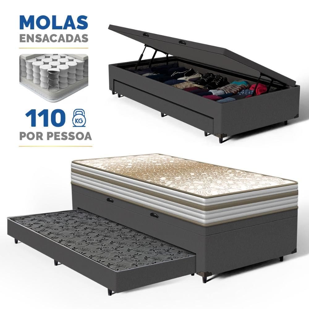 Cama Box Baú com Colchão de Molas Ensacadas Double Face Pillow Euro Alfa Probel + Auxiliar Solteiro 88cm